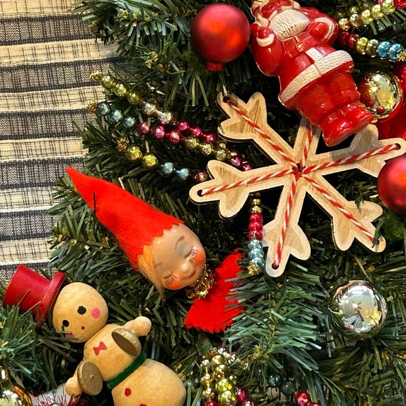 Vintage Repurposed Festive Holiday Wreath with Red Accents - Picture 8 of 10